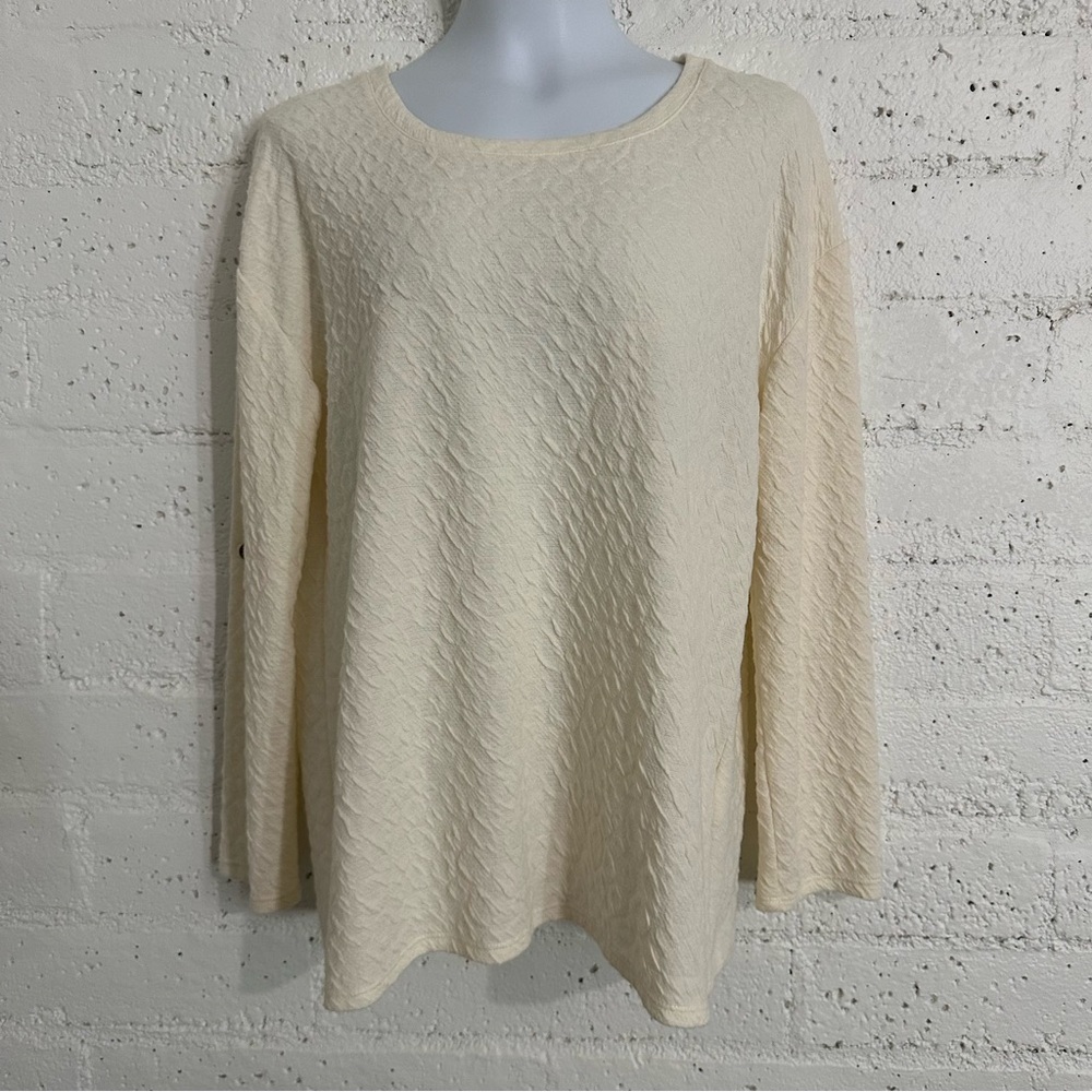 Rose + Olive Womens Top L Cream Textured Tab Sleeve Faux Button Up Back Stretch